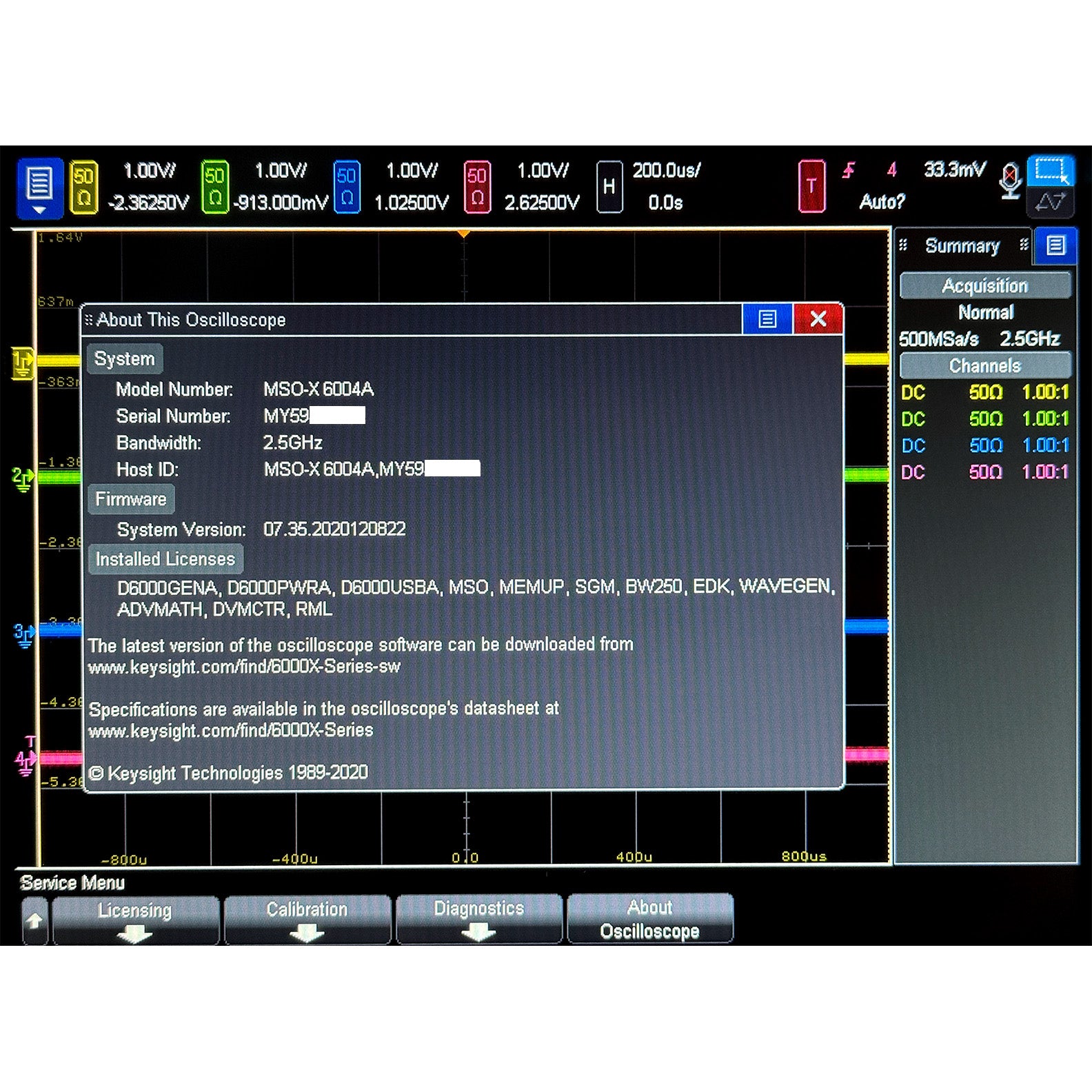 Keysight / Agilent MSOX6004A Mixed Signal Oscilloscope, 2.5 GHz, 4 Analog Channels